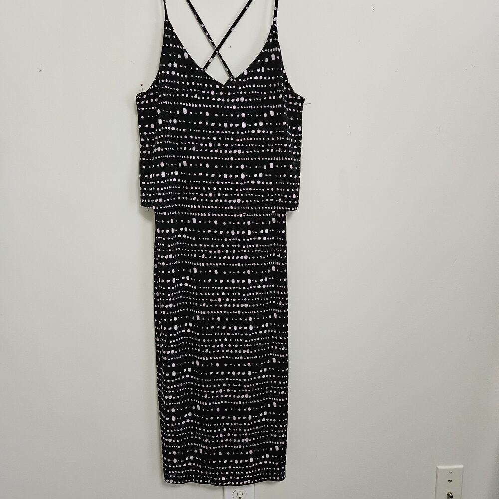 Banana Republic Tiered Midi SunDress Black Pink Spots Spaghetti Straps Sz M